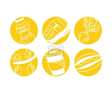 Ilustración de Boceto taza de café, filete de pescado, oliva, raíz de remolacha en botones amarillos - Imagen libre de derechos
