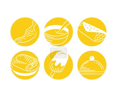 Téléchargez les illustrations : Croquis tacos, plat, paprika et crème glacée en boutons jaunes - en licence libre de droit