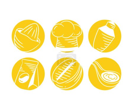 Téléchargez les illustrations : Esquisse cuillère à soupe, sac à café, chapeau de chef et amande en boutons jaunes - en licence libre de droit