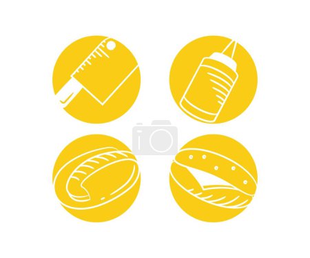 Téléchargez les illustrations : Croquis de nourriture et ustensiles de cuisine en boutons jaunes - en licence libre de droit