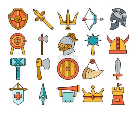 Ilustración de Guerrero medieval y conjunto de iconos de armas - Imagen libre de derechos