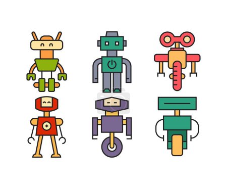 Téléchargez les illustrations : Jeu d'icônes de personnage robot dessin animé - en licence libre de droit