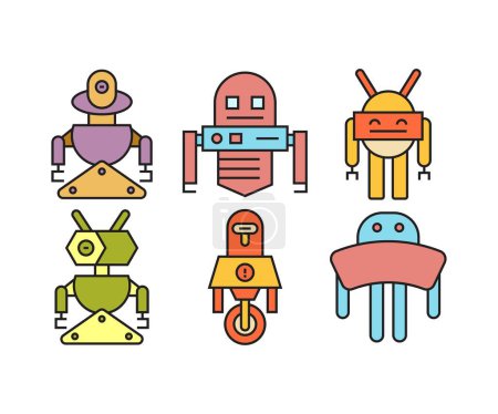 Téléchargez les illustrations : Jeu d'icônes de personnage robot dessin animé - en licence libre de droit