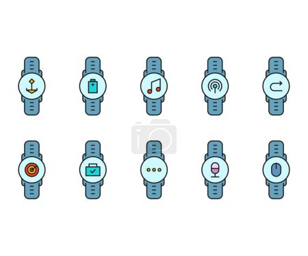 Téléchargez les illustrations : Icônes smartwatch ensemble illustration vectorielle - en licence libre de droit
