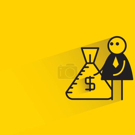 Ilustración de Hombre de negocios palo figura y dólar saco con sombra sobre fondo amarillo - Imagen libre de derechos