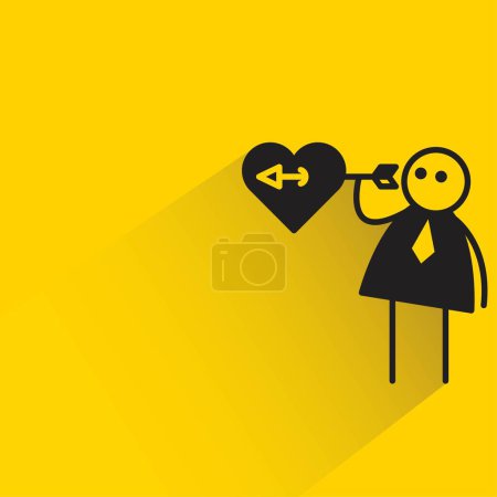 Téléchargez les illustrations : Travailleur de bureau et coeur flèche bâton figure avec ombre sur fond jaune - en licence libre de droit
