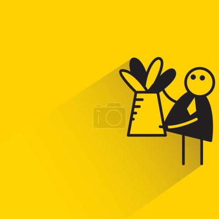 Téléchargez les illustrations : Travailleur de bureau et plante pot bâton figure avec ombre sur fond jaune - en licence libre de droit