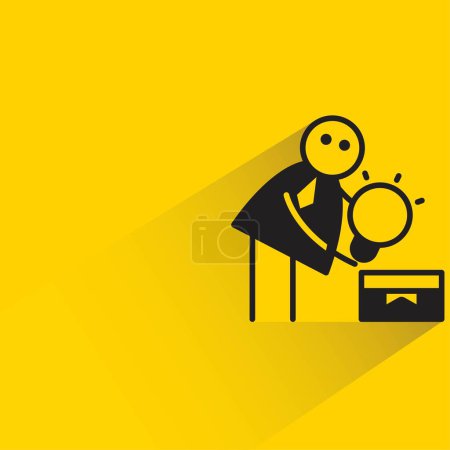 Téléchargez les illustrations : Travailleur de bureau déballage idée bâton figure avec ombre sur fond jaune - en licence libre de droit