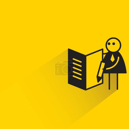 Téléchargez les illustrations : Bureau travailleur écriture sur livre bâton figure avec ombre sur fond jaune - en licence libre de droit