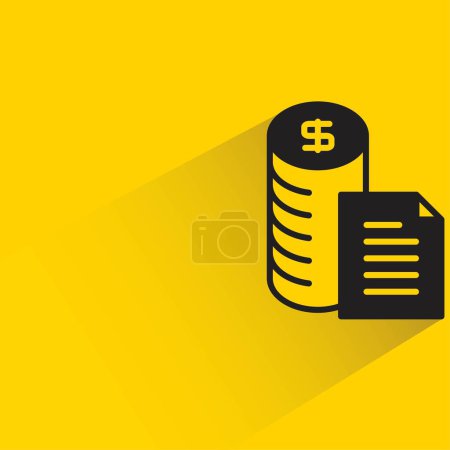 Illustration for Pile of dollar coins and document with shadow on yellow background - Royalty Free Image