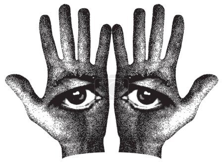 Ilustración de Dos manos humanas con ojos en forma de rostro. Bandera vectorial sobre el tema del ocultismo o la alquimia con ojos en las palmas abiertas - Imagen libre de derechos