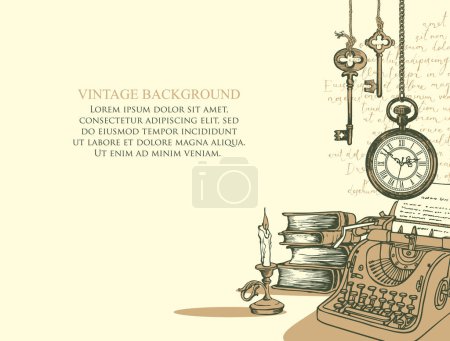 Vector banner on a writers theme with sketches and place for text. Writer workspace. Vintage illustration with hand-drawn typewriter, books, vintage clock, keys and unreadable handwritten notes