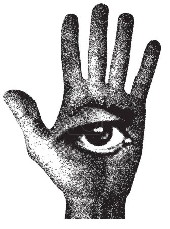 Ilustración de Mano humana con el símbolo masónico del ojo que todo lo ve. Banner vectorial sobre el tema del ocultismo o la alquimia con el tercer ojo en la palma abierta - Imagen libre de derechos