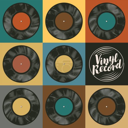 Vintage-Vektorbanner mit verschiedenen alten Schallplatten und Logo im Disco-Stil. Musikposter mit Plattenspieler und kalligrafischem Schriftzug im Retro-Stil. Musiksammlung