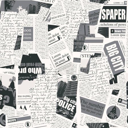 Nahtloses Muster mit Collage von Zeitungs- oder Zeitschriftenausschnitten. Vektorhintergrund im Retro-Stil mit Titeln, Illustrationen und Imitationstext. Geeignet für Tapetendesign, Packpapier, Stoff