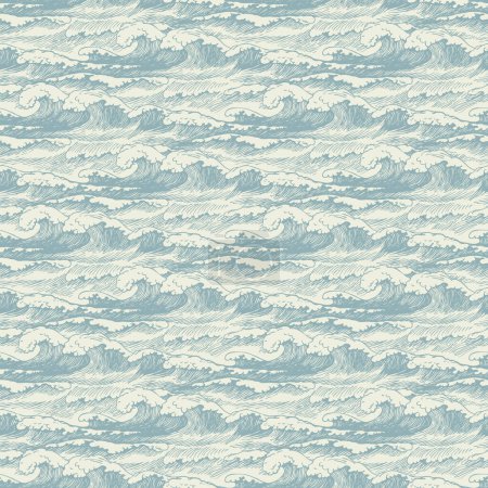 Vector seamless pattern with hand-drawn waves in retro style. Decorative repeating illustration of sea or ocean, blue storm waves with breakers of seafoam