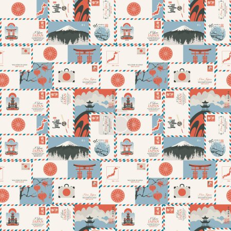 Ilustración de Fondo de patrón sin costura vectorial en sobres de Japón, Fuji, pagodas, bandera japonesa y crisantemo en estilo vintage. Se puede utilizar como fondo de pantalla, papel de embalaje o tela - Imagen libre de derechos