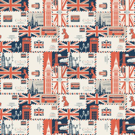 Téléchargez les illustrations : Vector seamless Arrière-plan sur le thème du Royaume-Uni et de Londres avec enveloppes, symboles britanniques, monuments architecturaux et drapeau du Royaume-Uni dans un style rétro. Peut être utilisé comme papier peint ou papier d'emballage - en licence libre de droit