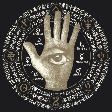 Illustration for Occult round sign with a human hand with the Masonic symbol of the all-seeing eye and runes. Vector banner on the theme of occultism or alchemy with a third eye on an open palm - Royalty Free Image