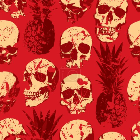 Seamless pattern with human skulls and pineapples on grunge bloody texture background. Vector background with sinister skulls in retro style. Graphic print for clothes, fabric, wallpaper