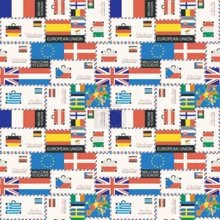 Illustration for Vector seamless pattern on theme of travel to countries of Euro union. Repeatable background with flags, envelopes and postcards in retro style. Suitable for wallpaper, wrapping paper, fabric - Royalty Free Image
