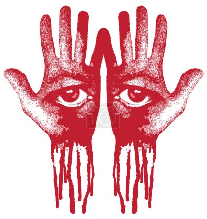 Illustration for Two human hands with eyes in the form of a face and drops of blood. Vector banner on the theme of occultism or alchemy with eyes on open palms - Royalty Free Image