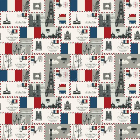 Illustration for Vector seamless Background on France and Paris theme with envelopes, architectural landmarks and flag of French republic in retro style. Can be used as wallpaper or wrapping paper - Royalty Free Image