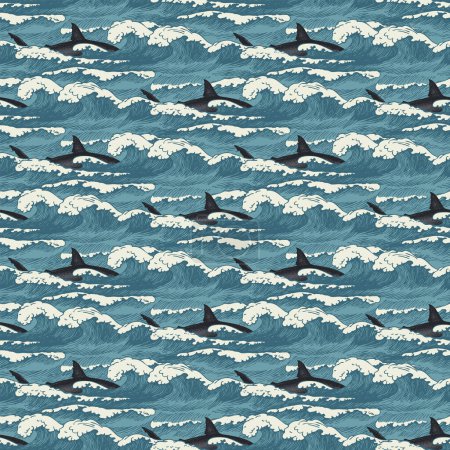 Ilustración de Patrón sin costura vectorial con olas dibujadas a mano y tiburones en estilo retro. Ilustración decorativa repetida de mar u océano, olas de tormenta con espuma de mar y ballenas asesinas que pasan - Imagen libre de derechos