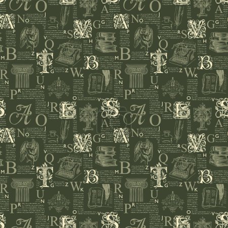 Illustration for Vector seamless pattern with ornate initial letters and literary illustrations on printed page background. Unreadable text, capital letters and sketches. Suitable for Wallpaper, wrapping paper, fabric - Royalty Free Image