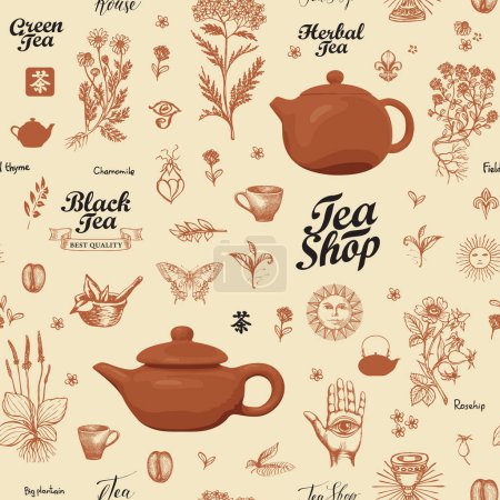 Illustration for Vector seamless pattern with clay teapots, hand-drawn herbs and inscriptions. Abstract background on tea theme in retro style. Suitable for wallpaper, wrapping paper, fabric. Chinese hieroglyph Tea - Royalty Free Image