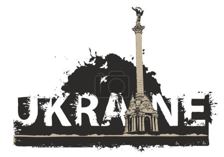 logo con la inscripción Ucrania y un monumento en el Maidan Nezalezhnosti en Kiev con explosiones, manchas y salpicaduras en el fondo. Emblema militar con textura grunge