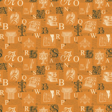 Illustration for Vector seamless pattern with ornate initial letters and literary illustrations on printed page background. Unreadable text, capital letters and sketches. Suitable for Wallpaper, wrapping paper, fabric - Royalty Free Image