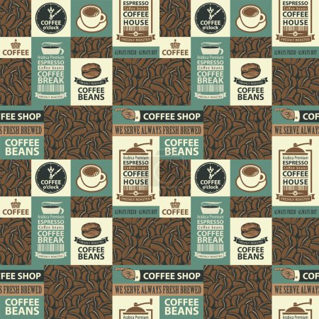 Vektornahtloses Muster auf Kaffee- und Kaffeehausthema mit frisch gerösteten Kaffeebohnen, Inschriften und Illustrationen im Retro-Stil. Geeignet für Tapeten, Packpapier oder Stoff, Etikett