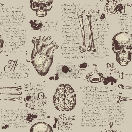 Anatomy seamless pattern with hand-drawn human skulls, bones, joints and organs on a backdrop of handwritten text lorem ipsum. Vintage repeating vector background with sketches on medical theme