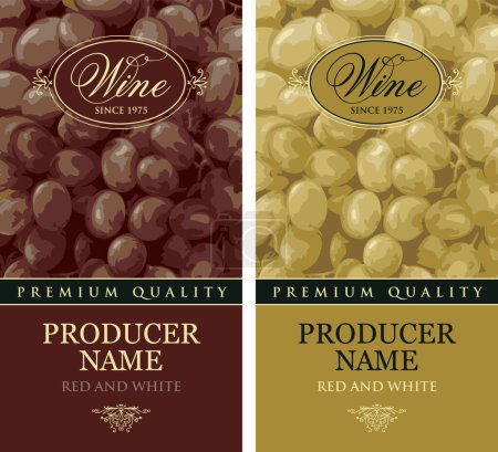 Set of vertical wine labels with realistic bunches of delicious grapes and calligraphic inscriptions in figured frames on various backgrounds. Vector illustration. Collection of quality wines