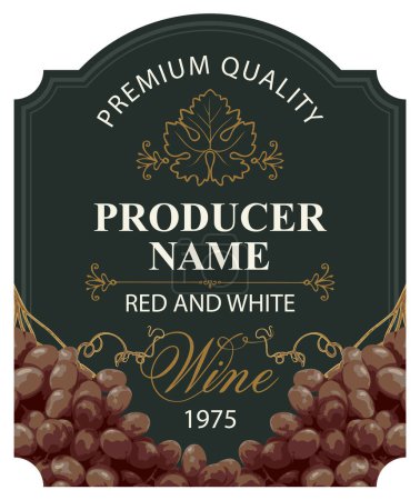 Illustration for Wine labels with realistic bunches of delicious red grapes and calligraphic inscriptions in figured frames on various backgrounds. Vector illustration. Collection of quality wines - Royalty Free Image