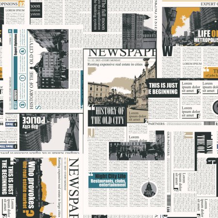 Illustration for Seamless pattern with collage of newspaper or magazine clippings. Vector background in retro style with titles, illustrations and imitation of text. Suitable for wallpaper, wrapping paper, fabric - Royalty Free Image
