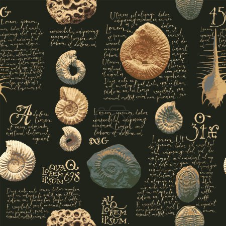 Illustration for Vector seamless pattern background with photo of ancient ammonite shells and trilobites and text loreum ipsum imitating paleontological catalog or encyclopedia. Suitable for wallpaper design - Royalty Free Image