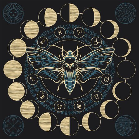 Handgezeichneter gruseliger Schmetterlingsmottenkopf auf dem Hintergrund magischer Symbole und Tierkreiszeichen, Mondphasen im Kreis. Hexerei, okkulte Attribute, alchemistische Zeichen.