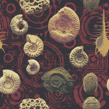 Illustration for Vector seamless pattern background with photo of ancient ammonite shells and trilobites and text loreum ipsum imitating paleontological catalog or encyclopedia. Suitable for wallpaper design - Royalty Free Image
