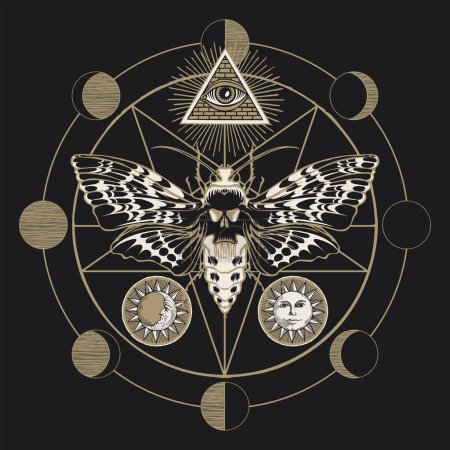 Handgezeichneter gruseliger Schmetterlingsmottenkopf auf dem Hintergrund magischer Symbole Pentagramm, Mondphasen im Kreis. Hexerei, okkulte Attribute, alchemistische Zeichen.