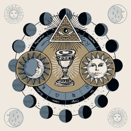 Téléchargez les illustrations : Holy Grail with the Sun, Moon, alchemical and Masonic symbols in retro style. Zodiac signs and moon phases. Vector hand-drawn banner on the theme of mysticism, magic, religion with esoteric and magic - en licence libre de droit