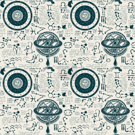 Abstract seamless pattern with zodiac signs, Lorem ipsum handwritten text, sun, moon, stars and constellations. Hand-drawn vector background on theme of horoscopes and zodiacs in retro style