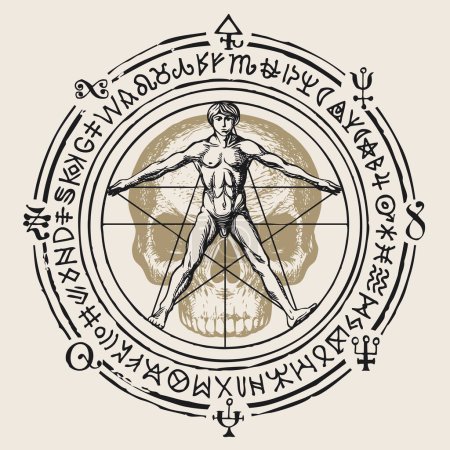 sign up sign pentagram with Vitruvian man on the background of a human skull with ancient runes