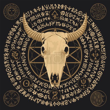 Ilustración de Vector illustration with a horned goat head, pentagram, occult and witchcraft signs. The symbol of Satanism Baphomet and magic runes written in a circle - Imagen libre de derechos