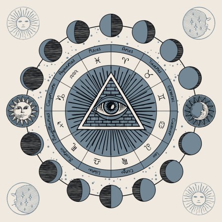 Téléchargez les illustrations : Vector circle of Zodiac signs with hand-drawn Masonic symbol all-seeing eye, Sun and and moon phases. Retro banner with horoscope symbols for astrological forecasts. - en licence libre de droit