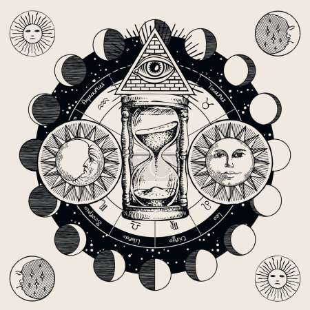 Ilustración de Vector circle of Zodiac signs with hand-drawn hourglass, Sun and and moon phases. Retro banner with horoscope symbols for astrological forecasts. Masonic symbol all-seeing eye - Imagen libre de derechos