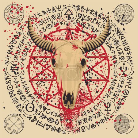 Téléchargez les illustrations : Vector illustration with a horned cow skull, pentagram, occult and witchcraft signs. The symbol of Satanism Baphomet and magic runes written in a circle. blood stains and splashes - en licence libre de droit