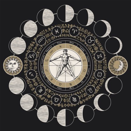 Téléchargez les illustrations : Vector circle of Zodiac signs with hand-drawn human figure like Vitruvian man, Sun and and moon phases. Monochrome banner in retro style with horoscope symbols for astrological forecasts - en licence libre de droit
