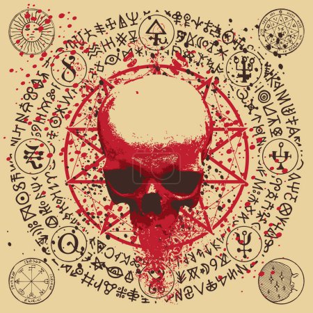 Ilustración de Vector illustration with people skull, pentagram, occult and witchcraft signs. The symbol of Satanism Baphomet and magic runes written in a circle. blood stains and splashes - Imagen libre de derechos